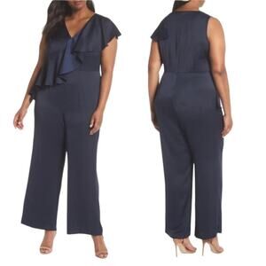 Eliza J Jumpsuit Wide Leg Ruffle Sleeve V Neck Satin Navy Blue New NWT 14